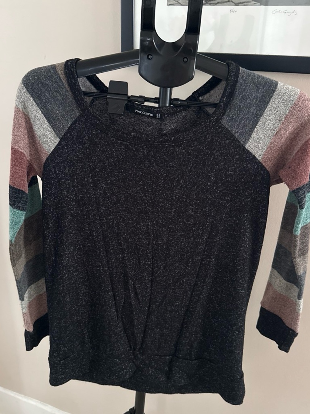 Pink Clover Black Raglan Top with Multicolor Striped Sleeves